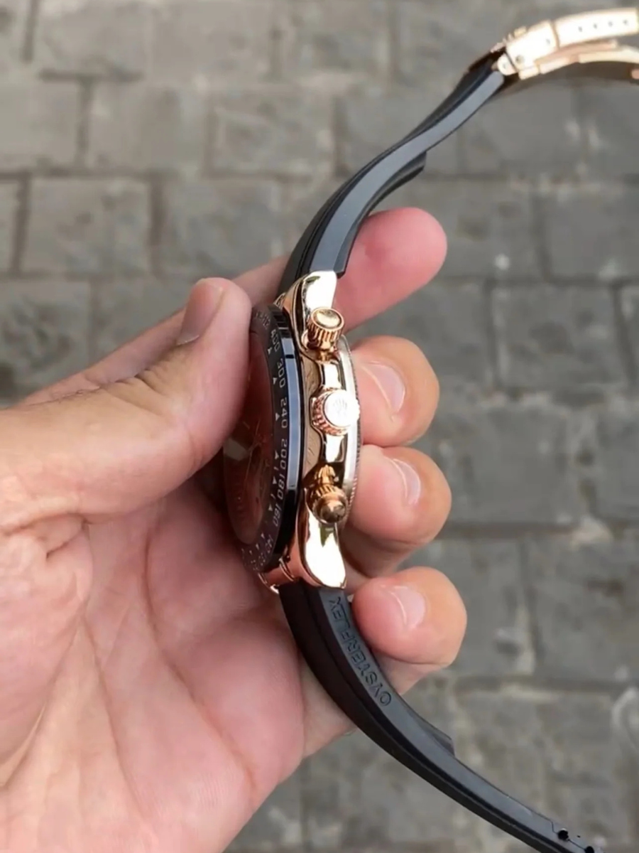 Rose Gold Dial Black Case Silicon Strap Stylish Watch For Men