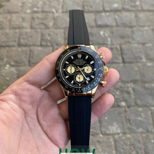 Black Dial Gold Case Silicon Strap Stylish Watch For Men
