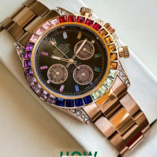 Luxury Rainbow Bezel Chronograph Watch – Rose Gold Edition
