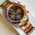 Luxury Rainbow Bezel Chronograph Watch – Rose Gold Edition