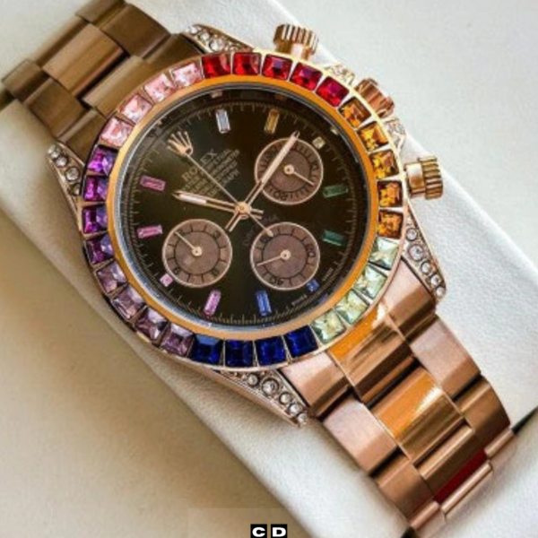 Luxury Rainbow Bezel Chronograph Watch – Rose Gold Edition