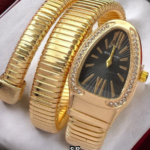 Luxury Snake-Style Gold Case Black Dial Women’s Watch