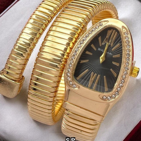 Luxury Snake-Style Gold Case Black Dial Women’s Watch