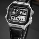 Silver Black Digital Leather Strap Watch