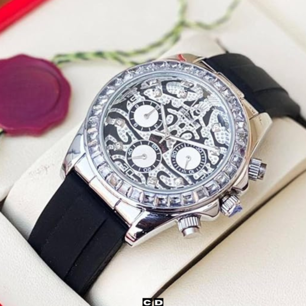 Luxury Diamond Studded Black Leather Men’s Watch