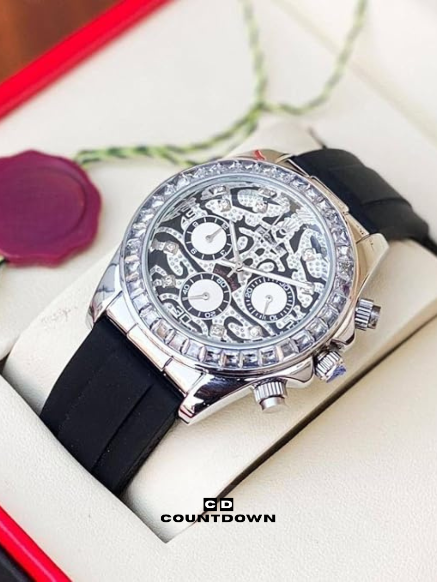 Image00003 Luxury Diamond Studded Black Leather Men’s Watch - Image 1